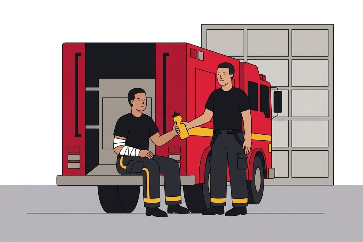 A firefighter with a bandaged forearm sits on the back step of a fire engine while a colleague hands him water