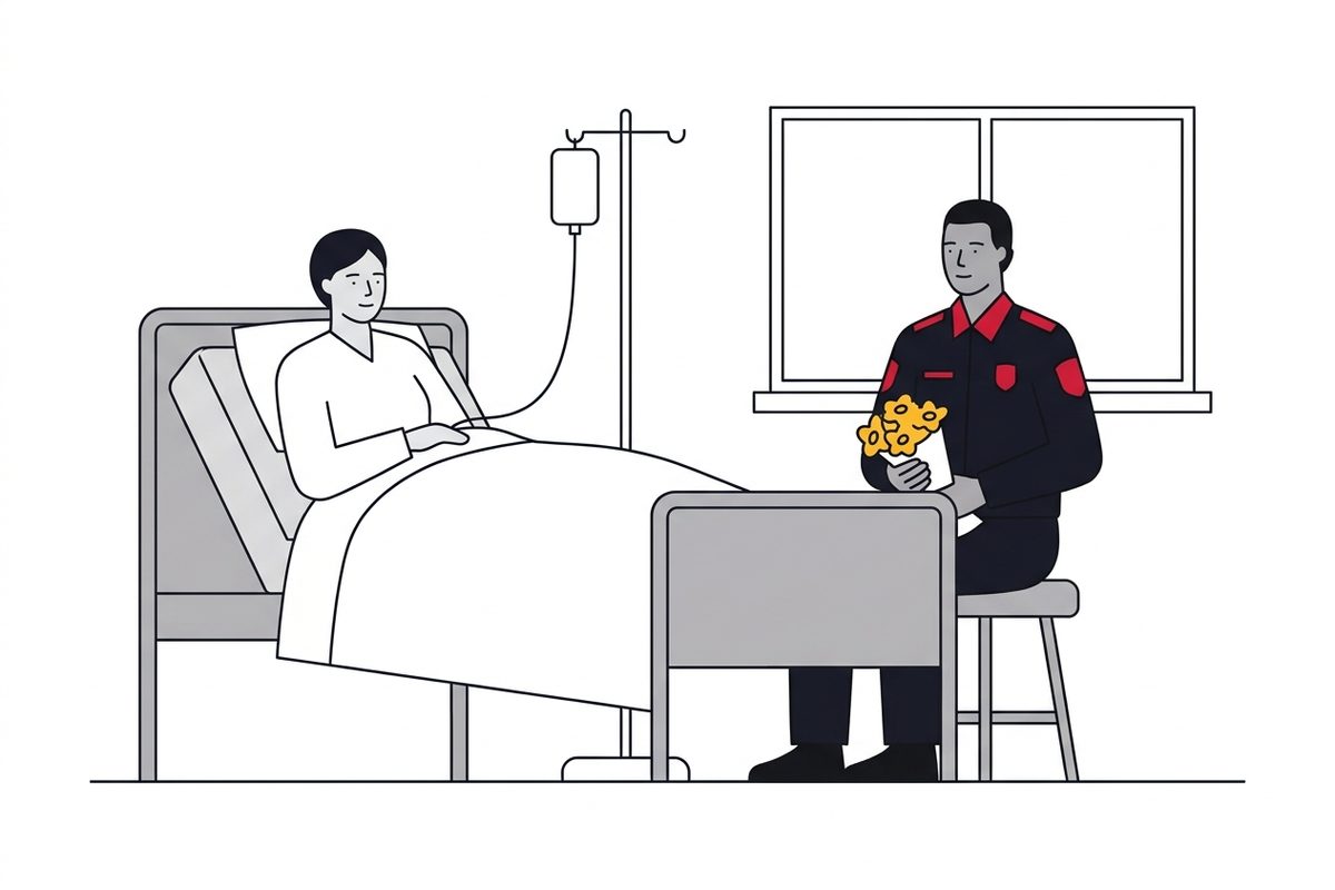 A firefighter visits a family member resting in a hospital bed, bringing flowers